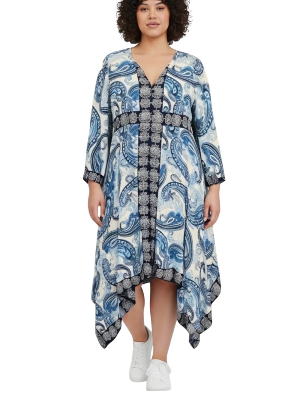 Roamans Blue Paisley Floral Sharkbite Midi Dress Plus Sz 22W Long Sleeve V-Neck